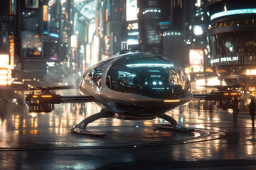 sleek autonomous drone taxi parked in futuristic cyberpunk city at night. flying car against background of neon lights and skyscrapers. urban air mobility and transport technology concept.