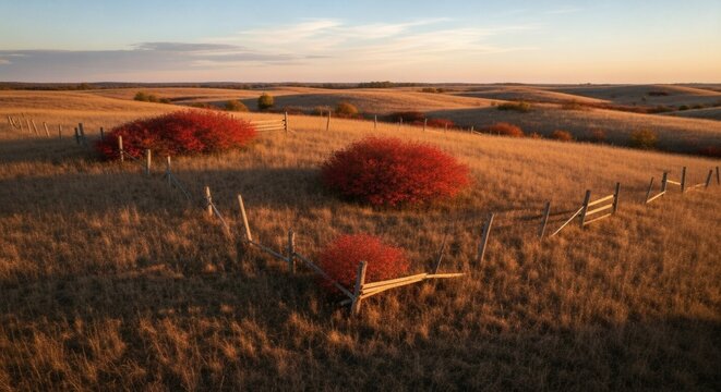 Rolling prairie hills glow golden in the evening sun, with patches of vibrant red sumac bushes and a broken wooden fence