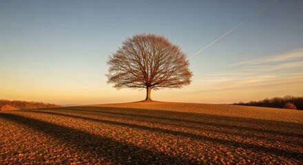 Scenic shot of a lone, bare tree on a hillside at sunset with long shadows stretching across the warm, golden field