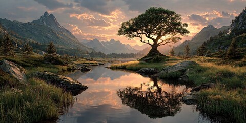 the world tree yggdrasil under a romantic sunset sky, serene norse landscape with river and sacred tree of life, mystical summer evening with lake mountains and yggdrasil
