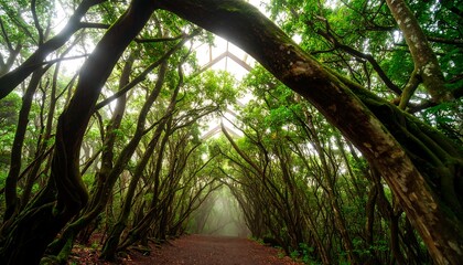 Obraz premium Trees Forming Tunnel Over Path Through Forest with Greenery
