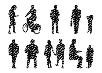 Vector illustration, Outline silhouettes of people, Contour drawing, people silhouette, Icon Set Isolated , Silhouette of sitting people, Architectural set