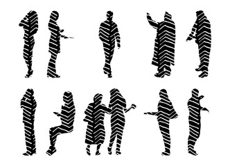 Vector illustration, Outline silhouettes of people, Contour drawing, people silhouette, Icon Set Isolated , Silhouette of sitting people, Architectural set