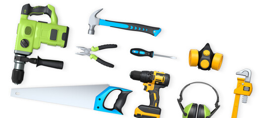 Collection of construction tools, helmets, and safety gear on white background, symbolizing work safety and building industry