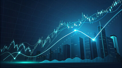 Naklejka premium Abstract dark business background with glowing stock market graph lines