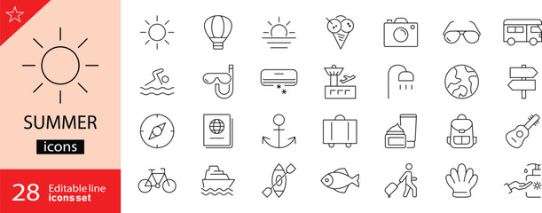 Summer icons set. Includes symbols of sunshine, beach, travel, vacation, swimming, ice cream, and fun activities. Editable stroke. Vector illustration. Outline icons. Perfect for travel and lifestyle.