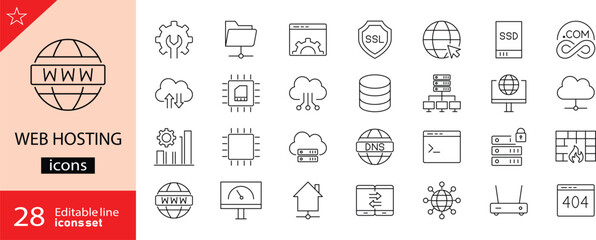 Web hosting icons set. Includes symbols of servers, data storage, cloud computing, domains, websites, and internet connections. Editable stroke. Vector illustration. Outline icons. Perfect for IT. 