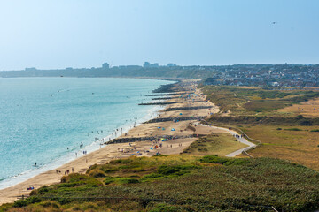 Hengistbury Head, Southbourne, UK - July 1st 2023: View from Warren Hill of Hengistbury Head beach.