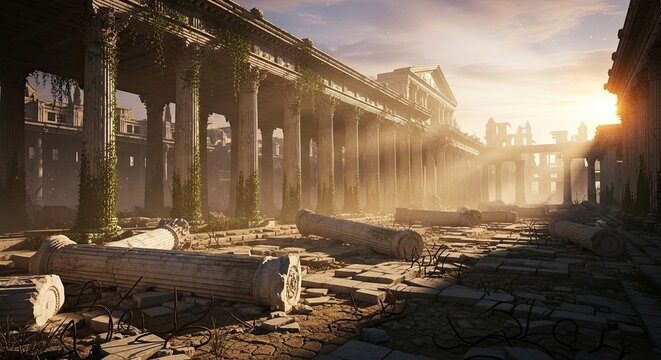 Ancient Ruined Cityscape Bathed in Golden Sunlight and Mist - Powered by Adobe