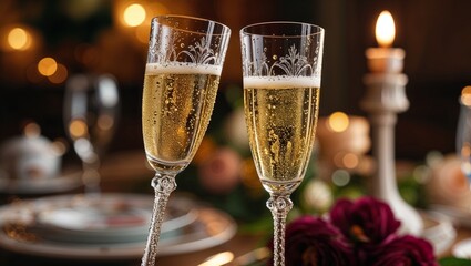Two champagne flutes with sparkling wine on elegant dinner table  