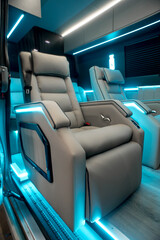 Comfortable interior of a passenger bus with soft seats