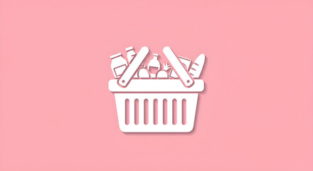 Shopping Basket with Groceries Icon on Pink Background