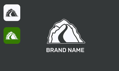 Mountain Stream Design, Abstract Valley Symbol, Clean Nature Logo, White Icon Black Background