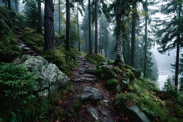 Obraz premium Serene Forest Pathway in Misty Woodland - Ideal for Nature and Scenic Landscape Use