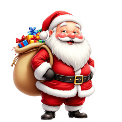 Cartoon-style Santa Claus carrying a sack of colorful presents isolated on transparent background