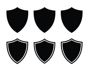 Set of six scalable vector black shield silhouettes icons for design and security related projects eps silhouette vector illustration white background