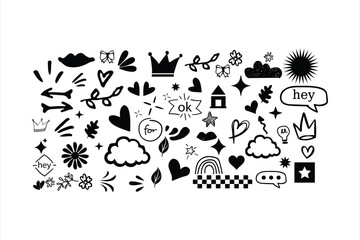 Doodle Sketch Element Set,Hand Drawn Flowers, Sun, idea bulb, love, stars etc