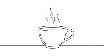 Continuous line art drawing of a steaming hot coffee cup