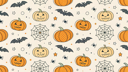 Clean Halloween background with flat design icons of pumpkins, bats, and webs in seamless pattern