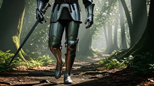 A solitary knight's passage through a sun-dappled forest trail, evoking a sense of adventure and