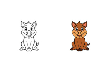 Vector art of coloring page of a cute pig, showing a simple line drawing alongside a fully colored version, perfect for childrens educational activities