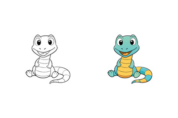 Vector art of coloring page of a cute lizard, featuring a simple line drawing alongside a fully colored version, perfect for childrens educational activities