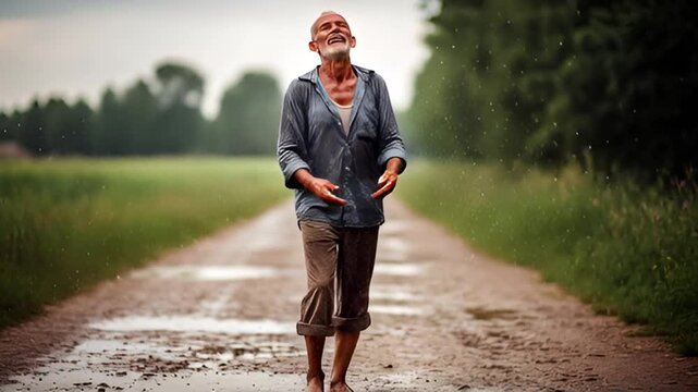 An older man embraces the rain, finding joy and freedom on a rural path in nature landscape
