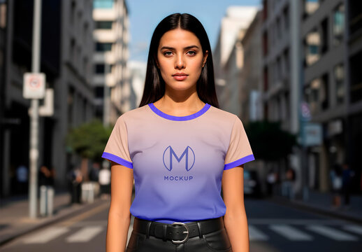 Woman T-Shirt Mockup in Urban Setting