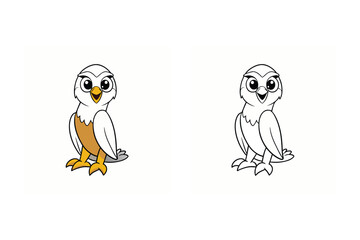 Vector art of a charming illustration showcasing a cute cartoon owl with big eyes, presented in both a colored version and a blackandwhite outline version