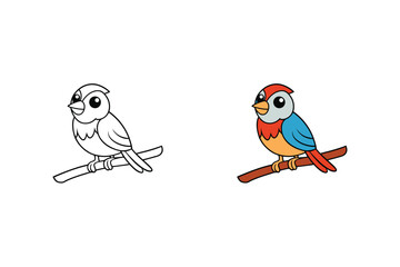 Illustration of a cute bird on a branch, half colored and half black and white, , perfect for childrens coloring books and educational materials