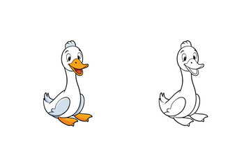 Vector art of a charming illustration showcases a delightful duck, presented both in vibrant color and as a simple, elegant line drawing