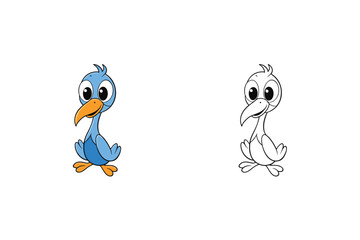 Illustration of a cute blue bird with its line art version, , showcasing the adorable design and simplicity of the characters features