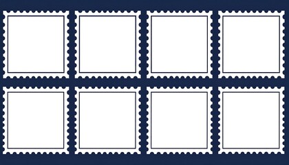 Arrangement of eight blank, square postage stamp outlines, arranged in a 2x4 grid on a dark blue background
