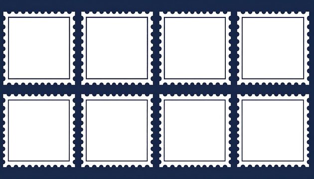Arrangement of eight blank, square postage stamp outlines, arranged in a 2x4 grid on a dark blue background