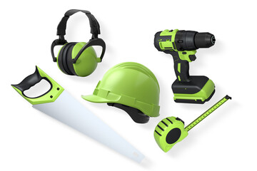 Fototapeta premium Construction tools and safety equipment including saw, helmet, earmuffs, drill, and tape measure isolated on white background
