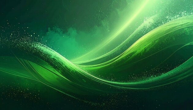 An abstract, flowing image features vibrant shades of green, with curving lines and subtle textures. A bright ray of light adds depth, creating a sense of motion and energy