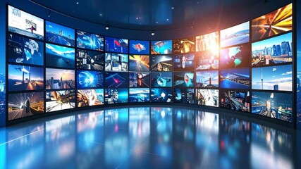 Virtual broadcast studio displaying a variety of scenic content and dynamic digital feeds on a multitude of screens - Powered by Adobe