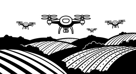 A fleet of modern agricultural drones flying in formation.