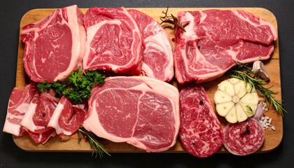 Assortment of various raw cuts of beef and bacon, artfully arranged with fresh herbs on a wooden cutting board