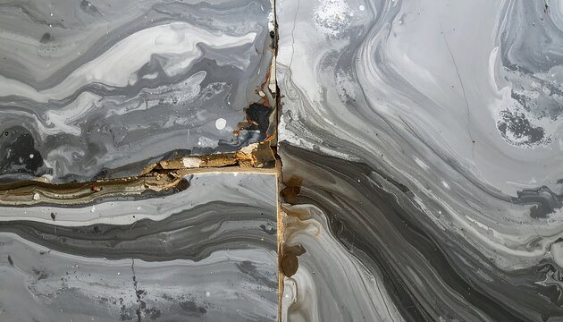 An abstract view of cracked, distressed grey and white marbled surface tiles with a close-up perspective and detailed texture
