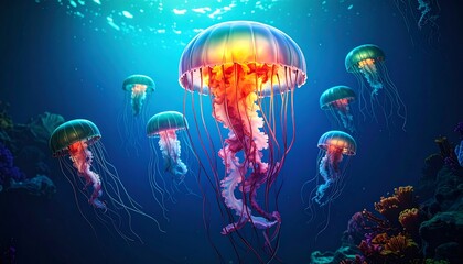 Underwater Scene of Jellyfish Swimming in Deep Blue Ocean