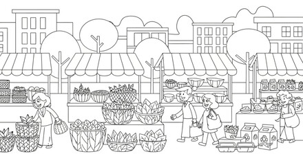 Obraz premium Bustling Outdoor Market Scene with Vendors and Shoppers.