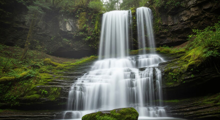 Obraz premium Long Exposure Waterfall with Smooth Flowing Stream