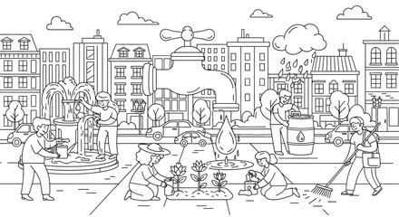 Obraz premium Community Working Together to Conserve Water and Beautify the City.