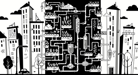 Obraz premium Detailed Black and White Illustration of a Vertical Farming System.