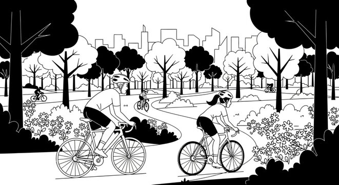 Cyclists enjoying a sunny day riding bicycles in the park.