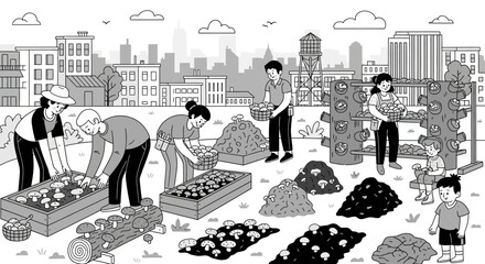 Diverse community members working together in an urban garden.