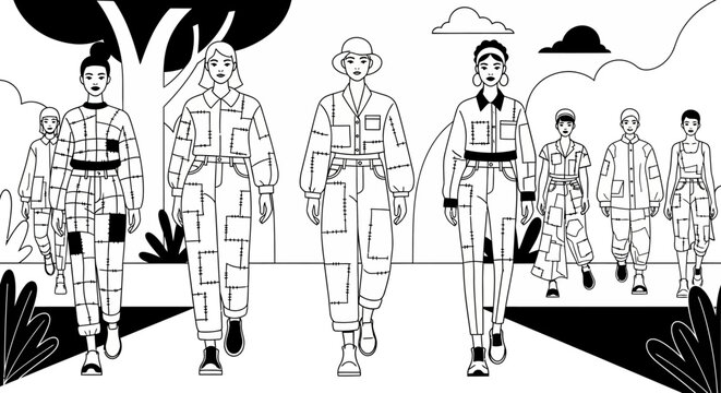 Fashionable models showcasing unique patchwork clothing designs on a runway. - Powered by Adobe