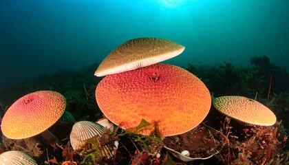 Underwater Scene with Orange Mushrooms and Aquatic Life