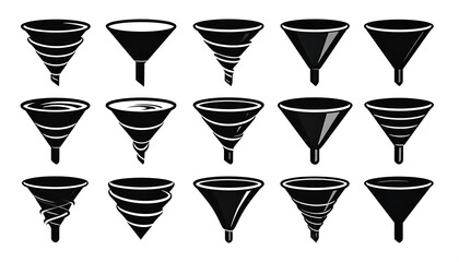 A collection of black and white funnels in various designs, including spiral and smooth shapes, for graphic resources